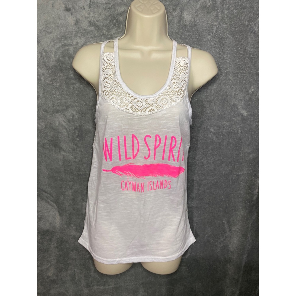 Lagaci White Lace Trim Tank Top Wild Spirit Cayman Islands Graphic S